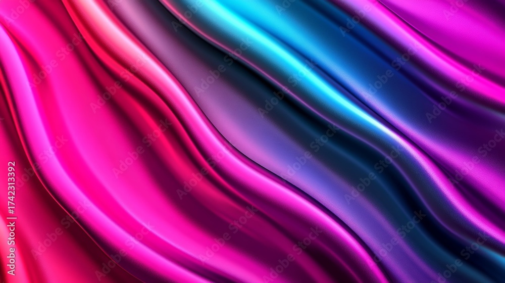Naklejka premium Dynamic flowing fabric with vibrant magenta, violet, and cyan gradients, creating a luxurious and modern abstract background.
