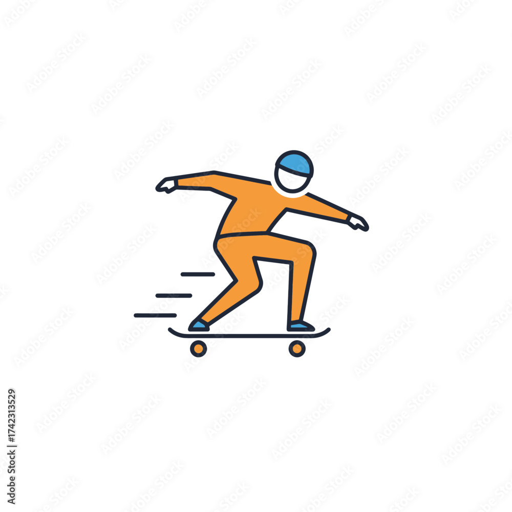Obraz premium Skateboarder riding with motion lines in a modern outline style