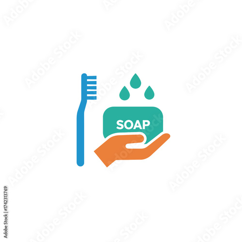 hand holding soap bar with water drops and toothbrush