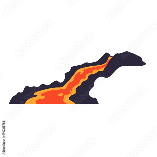 Stylized volcanic eruption with flowing lava and dark mountain silhouette