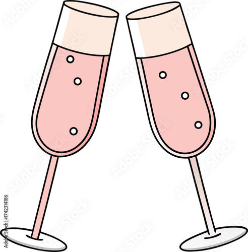 Two champagne glasses clinking with pink bubbly liquid champagne glasses, clinking vector illustration EPS file download.
