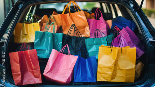 Car trunk filled with colorful shopping bags after big sale