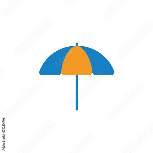 Colorful open umbrella with blue and orange panels on white background