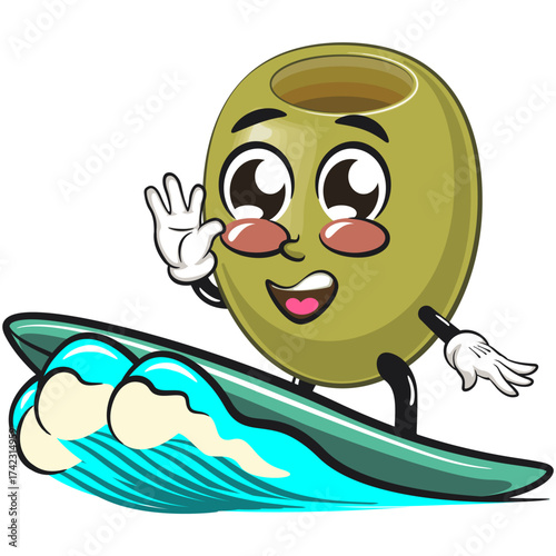 cute green olive mascot cartoon character isolated vector illustration surfing happily, work of hand drawn