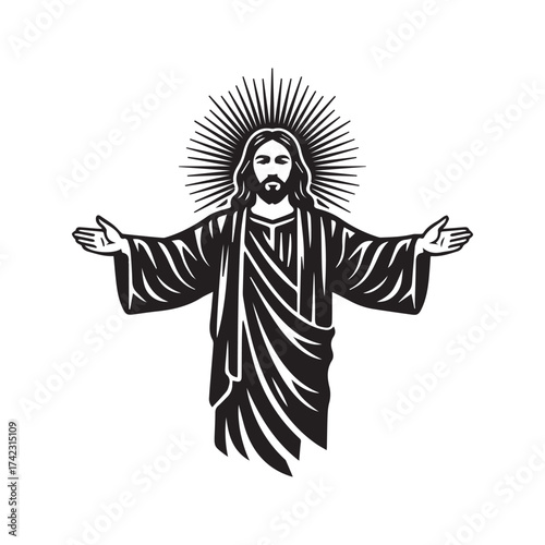 Jesus Christ with Open Arms Blessing, Christian Religious Symbol Silhouette. Lord and Savior Graphic Logo Vector.
