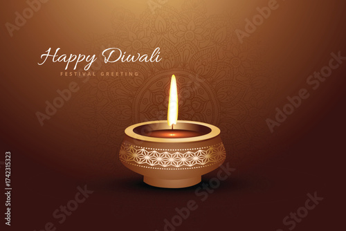 Decorative Diwali diya with bright flame and festive background.