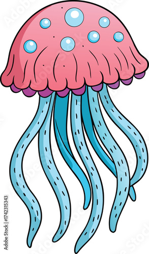 Pink and blue cartoon jellyfish with tentacles and bubbles animal ocean vector illustration EPS file download.
