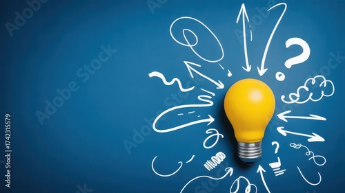 Bright yellow light bulb hand-drawn arrows creative idea concept innovation and problem solving 