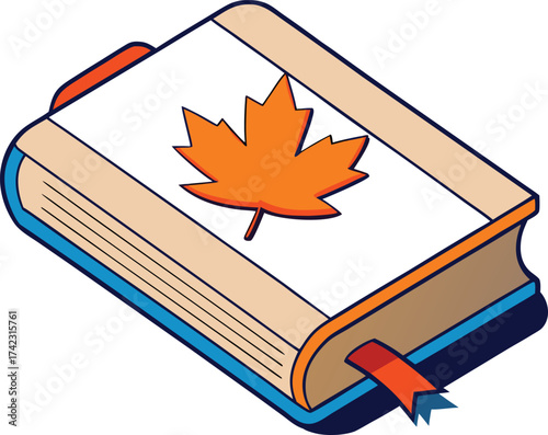 Isometric book with maple leaf and ribbon bookmark education learning vector illustration EPS file download.
