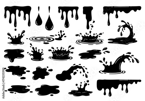 Puddles drops splashing water. Dripping liquid elements, isolated black ink flow. Tears flowing vector silhouettes, oil or rain drips