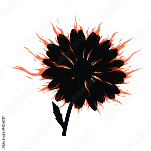 Fiery Dark Flower Illustration with Flames Burning Brightly Around Petals