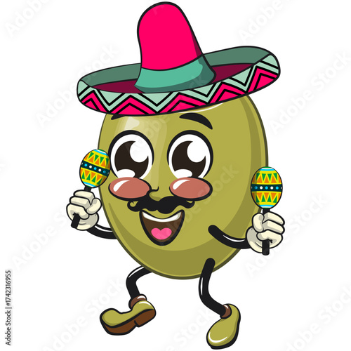 cute green olive mascot cartoon character isolated vector illustration have mustache and wears a sombrero and plays with maracas, work of hand drawn