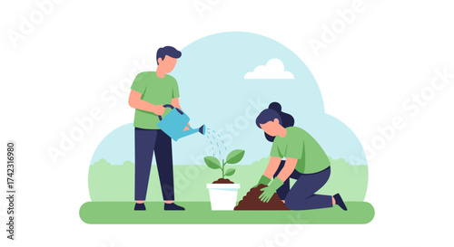 A man watering a plant while a woman plants a sapling in the garden.