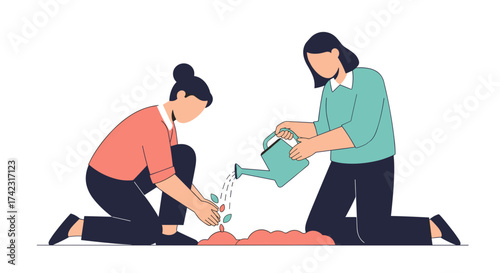 Two women tending to a small plant, one planting, the other watering, nurturing growth.