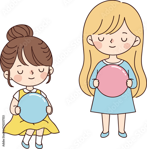 Cute cartoon girls holding balloons, adorable children illustration, happy kids, friendship, childhood fun, pastel colors, playful character design art