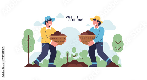 Two smiling men in hats carry baskets of rich soil, standing near growing seedlings and trees, celebrating World Soil Day.