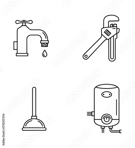 Plumbing Tools and Fixtures Line Icons