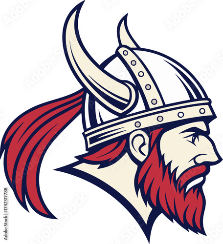 Viking logo design, Nordic warrior symbol with a horned helmet, vector illustration of a fierce bearded man's profile. Strong mascot graphic for sports, gaming, or Scandinavian history themes.