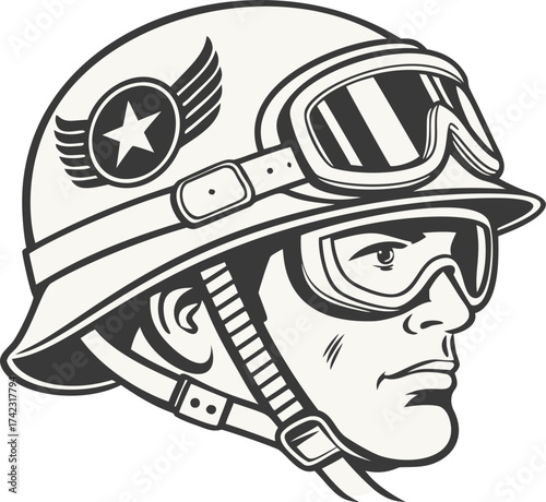 Soldier head profile, vintage military helmet with goggles and a side badge. Vector icon of a retro pilot or army man in protective headgear, great for historical and war themes.