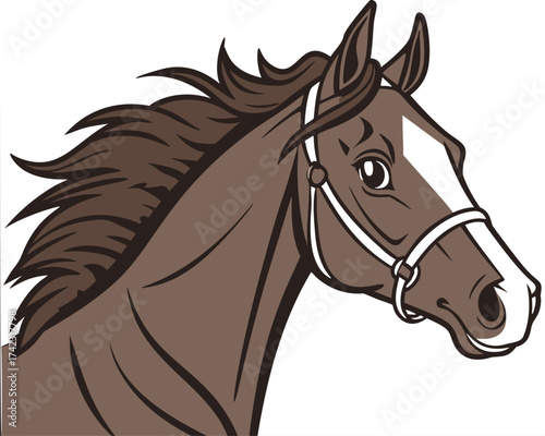 Horse head, vector mascot or logo for a team or equestrian club. Illustration of a majestic stallion with a bridle and a distinct white blaze, signifying speed and power.