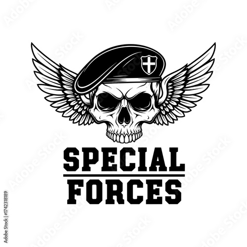 Skull with wings and beret special forces vector illustration