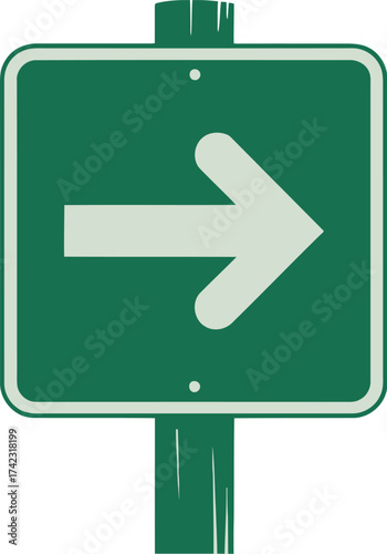 right direction arrow sign on green background mounted on post for traffic or exit navigation guidance