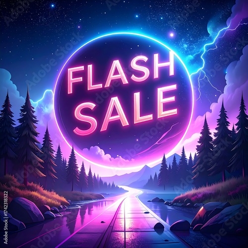 Neon sign, mountain vista and waterway, dark night, lighting bolts overhead