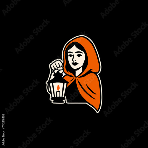A stylized illustration of a woman in a red hooded cloak holding a lit lantern.