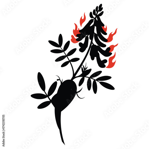 Stylized burning plant black silhouette with red flame accents illustration