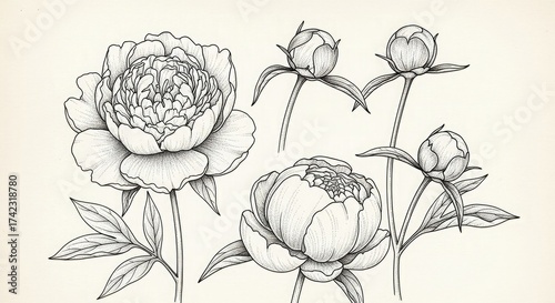 Peony flower drawing botanical illustration floral art print vintage sketch nature garden bloom blossom petals