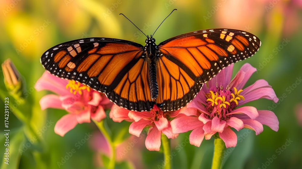 Fototapeta premium Monarch butterfly rests atop vibrant pink zinnia flower in garden landscape