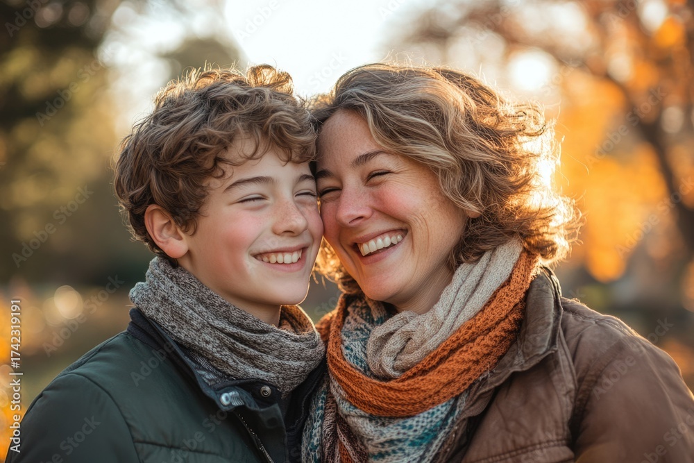 Fototapeta premium A joyful mother and son share a warm, affectionate moment, smiling brightly outdoors in golden autumn light. Their happiness is palpable.