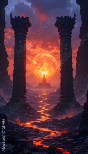 Epic Dark Pillars Lava River Giant Red Sun Fantasy Landscape