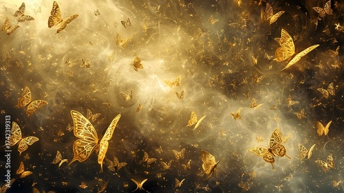 Golden Butterflies Swarm Ethereal Gold Light Fantasy Background