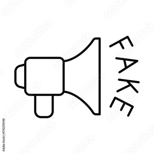 Vector design of a fake news icon featuring a megaphone with the word fake displayed prominently
