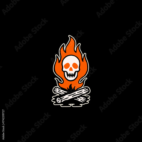 Skull engulfed in orange flames atop a stack of logs, cartoon style.