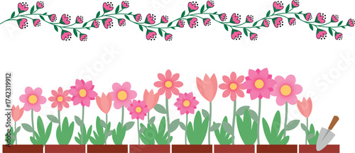 Pink flowers and green leaves border with shovel tulips