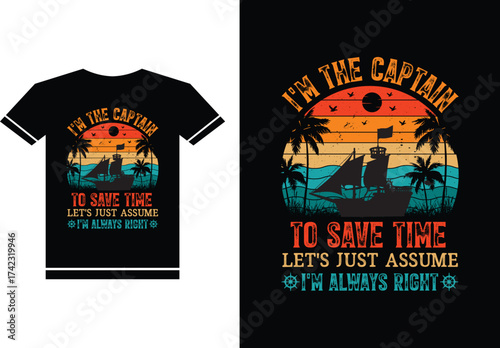 Pirate Captain Sunset Sailboat T- Shirt Design ship