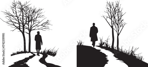 Isolated man walking alone on path through bare trees vector art illustration