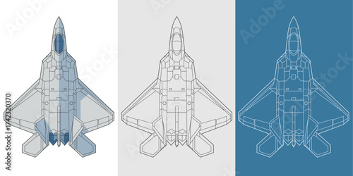 Set f 22 raptor military aircraft design in blueprint, lineart and colored style from top view. Vector illustrations colorful fighter jet. United states fifth generation warplane.