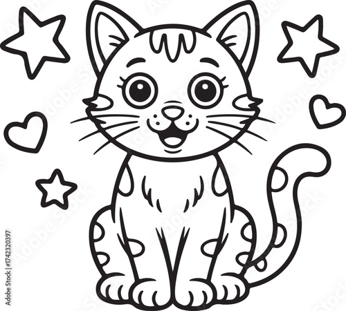Cute cartoon cat with stars and hearts on white background Keywords: cat, kitten, cute, cartoon