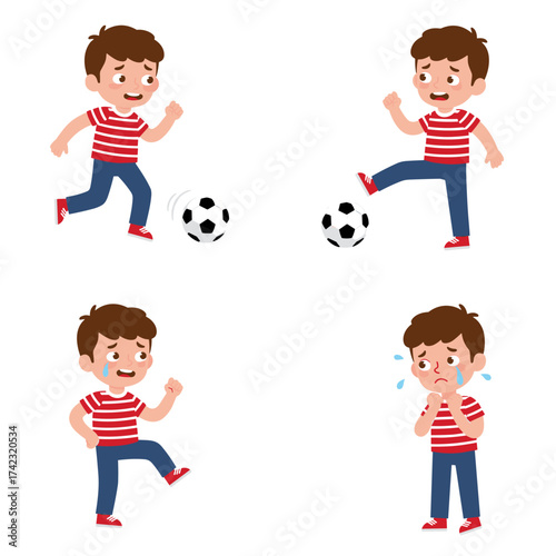 Exciting Soccer Practice, Young Player Kicking Ball, Sports Field, Cartoon Illustration, Playful Environment, Dynamic Viewpoint