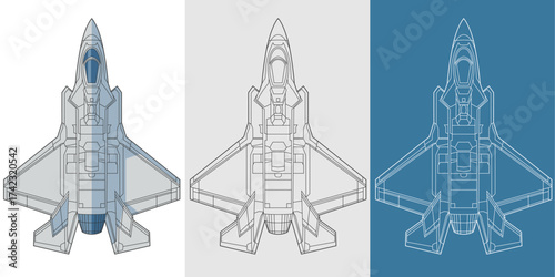 Set f 35 military aircraft design in blueprint, lineart and colored style from top view. Vector illustrations colorful fighter jet. United states fifth generation warplane.