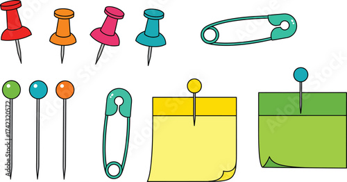 Collection of colorful pushpins safety pins and sticky notes for bulletin boards organization