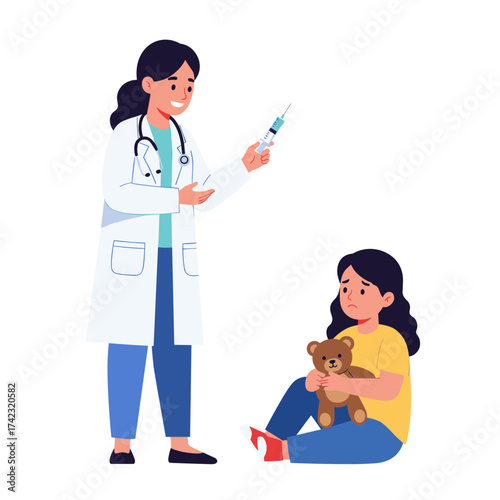Healthcare Professional Administers Vaccination to Afraid Child with Teddy Bear in Clinic