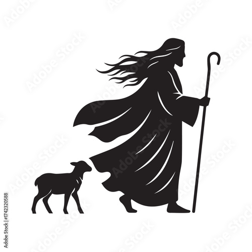 Jesus Christ the Good Shepherd leading a lamb, biblical silhouette illustration. Christian religious graphic based on John 10:11 verse.
