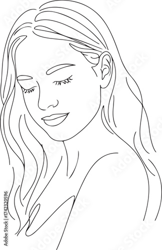 Delicate line art portrait of a young woman with closed eyes and a gentle smile Keywords: woman
