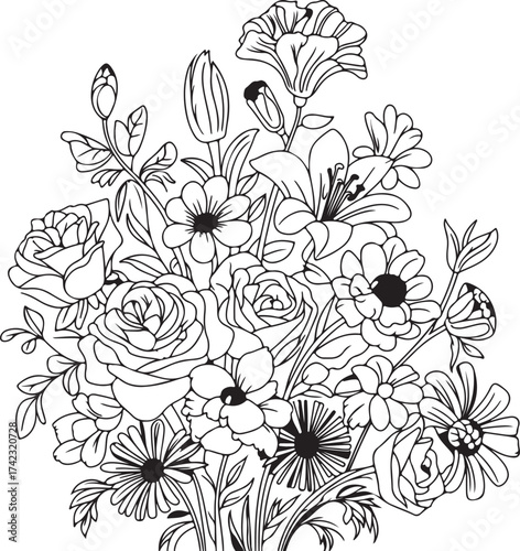 Elaborate black and white line drawing of a lush bouquet of assorted flowers Keywords: flowers