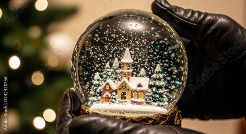 Magical Christmas snow globe with snowy winter village held in hands for holiday cheer and festive season celebrations