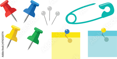 Colorful pushpins and a safety pin with sticky notes for organizing tasks and inspiration boards